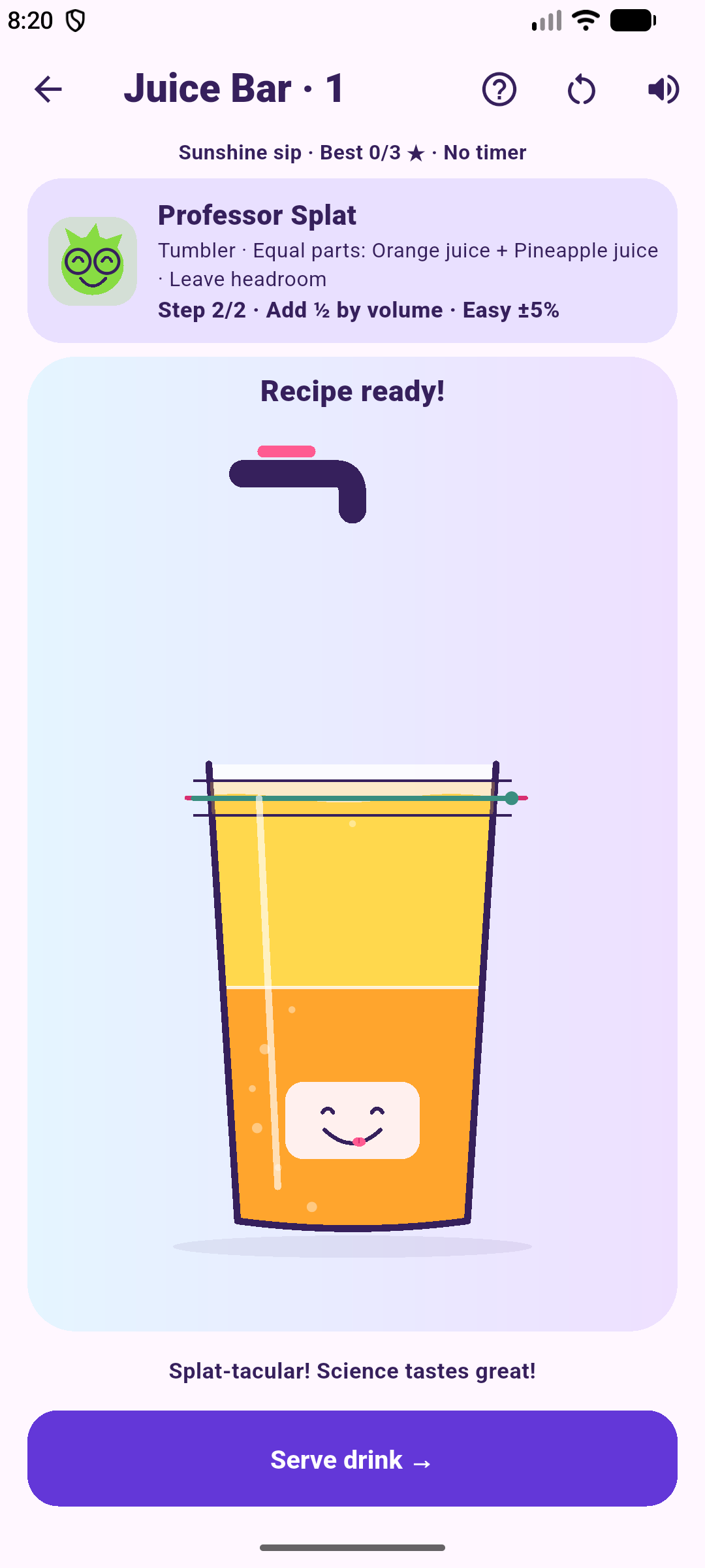 A customer's finished orange and pineapple juice recipe with two colourful layers